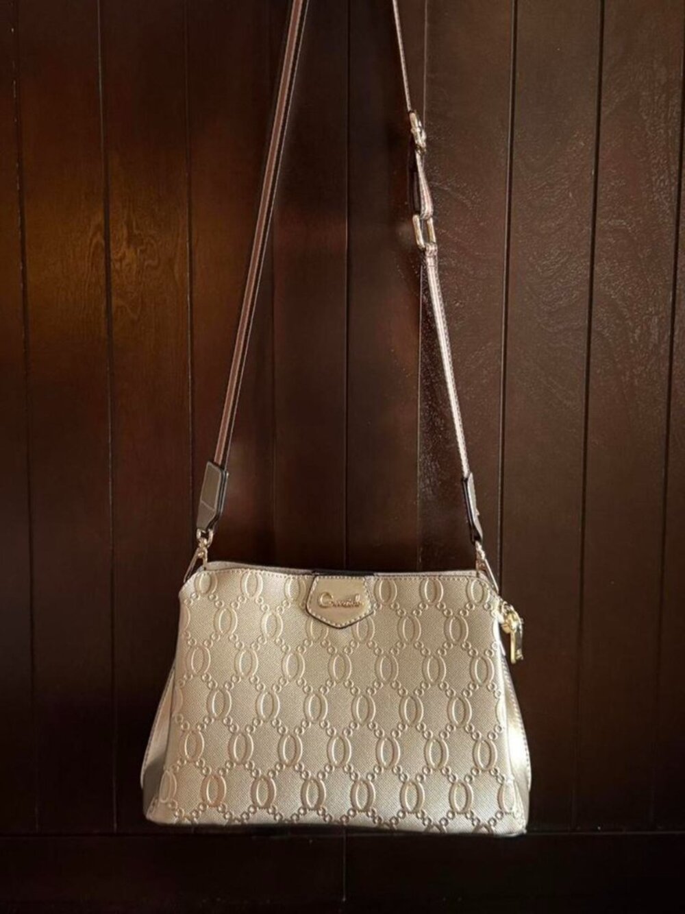 Gold leather and polyester shoulder bag with adjustable strap